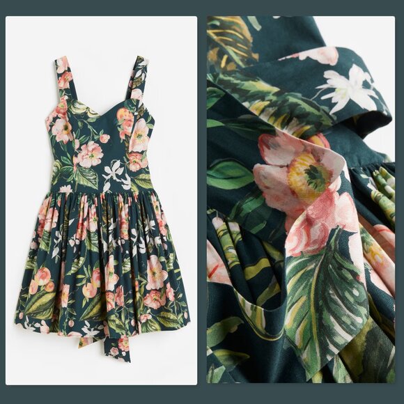 H&M Size XL Green Floral Peach Print Tie Detail Cotton Dress NWT - Picture 2 of 2